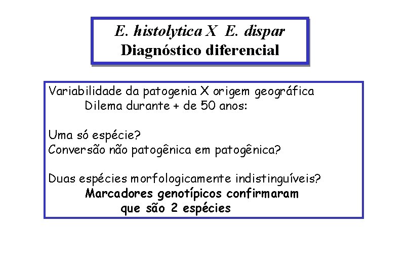 E. histolytica X E. dispar Diagnóstico diferencial Variabilidade da patogenia X origem geográfica Dilema