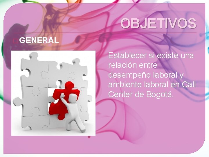OBJETIVOS � GENERAL Establecer si existe una relación entre desempeño laboral y ambiente laboral