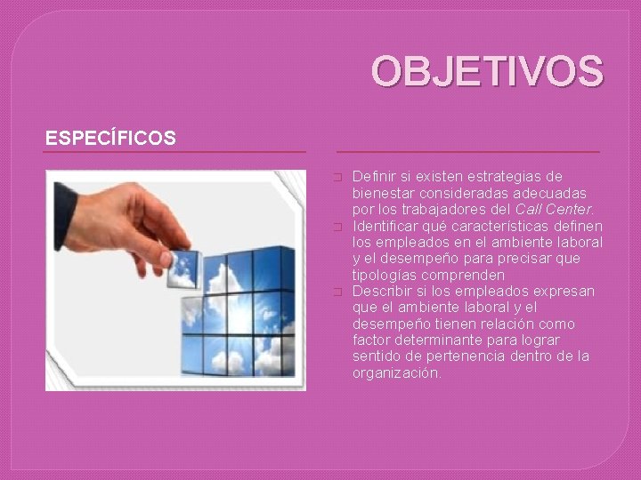 OBJETIVOS ESPECÍFICOS � � � Definir si existen estrategias de bienestar consideradas adecuadas por