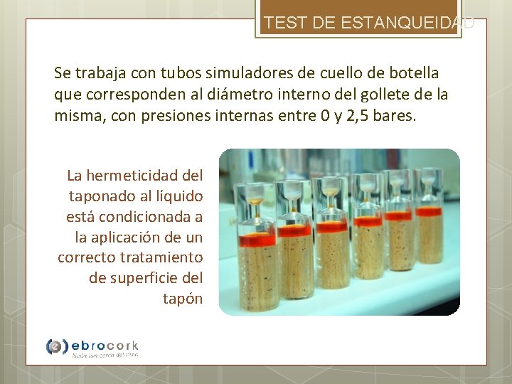 TEST DE ESTANQUEIDAD Se trabaja con tubos simuladores de cuello de botella que corresponden