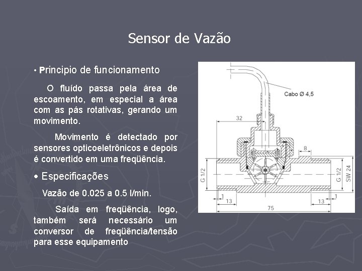 Sensor de Vazão • Principio de funcionamento O fluído passa pela área de escoamento,