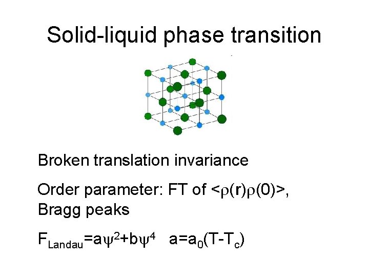 Solid-liquid phase transition Broken translation invariance Order parameter: FT of <r(r)r(0)>, Bragg peaks FLandau=a