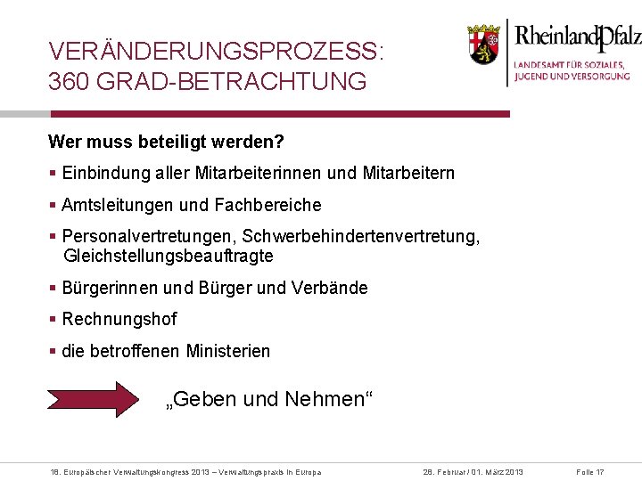 VERÄNDERUNGSPROZESS: 360 GRAD-BETRACHTUNG Wer muss beteiligt werden? § Einbindung aller Mitarbeiterinnen und Mitarbeitern §