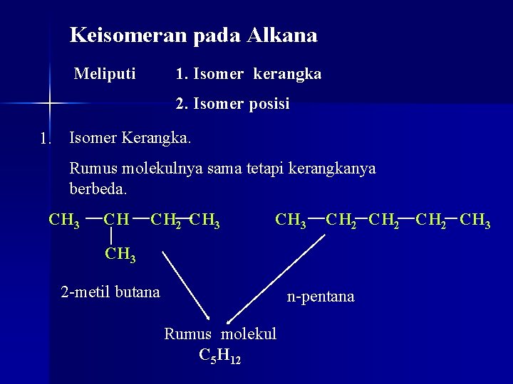 Keisomeran pada Alkana Meliputi 1. Isomer kerangka 2. Isomer posisi 1. Isomer Kerangka. Rumus