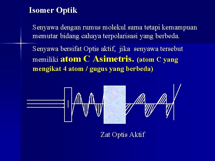 Isomer Optik Senyawa dengan rumus molekul sama tetapi kemampuan memutar bidang cahaya terpolarisasi yang