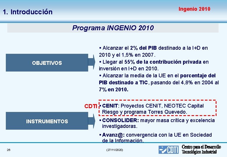 Ingenio 2010 1. Introducción Programa INGENIO 2010 OBJETIVOS § Alcanzar el 2% del PIB