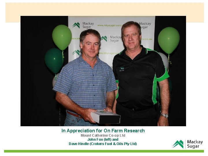In Appreciation for On Farm Research Mount Catherine Co-op Ltd John Fox (left) and
