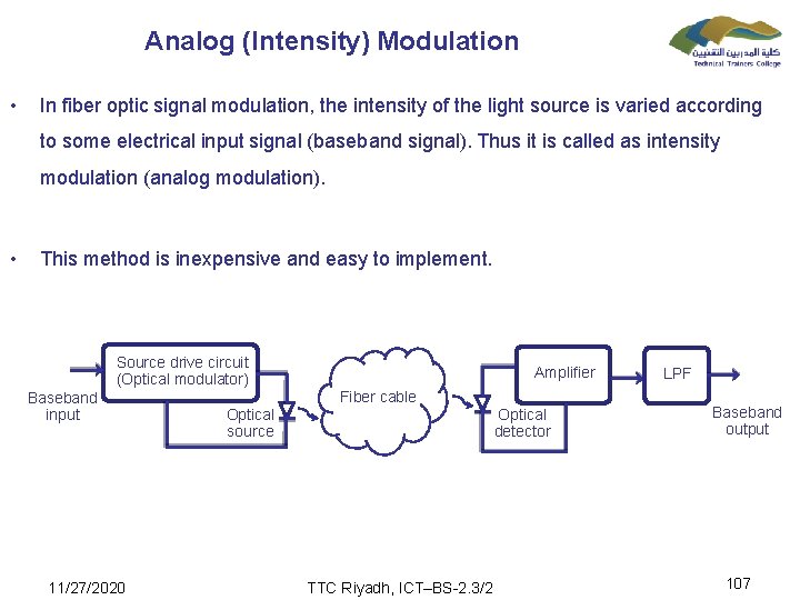 Analog (Intensity) Modulation • In fiber optic signal modulation, the intensity of the light
