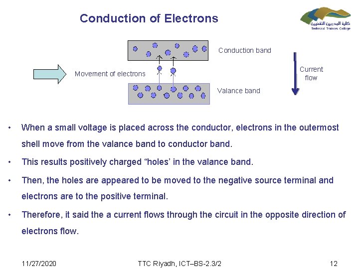 Conduction of Electrons Conduction band Current flow Movement of electrons Valance band • When