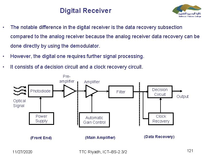 Digital Receiver • The notable difference in the digital receiver is the data recovery
