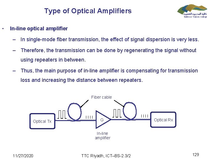Type of Optical Amplifiers • In-line optical amplifier – In single-mode fiber transmission, the