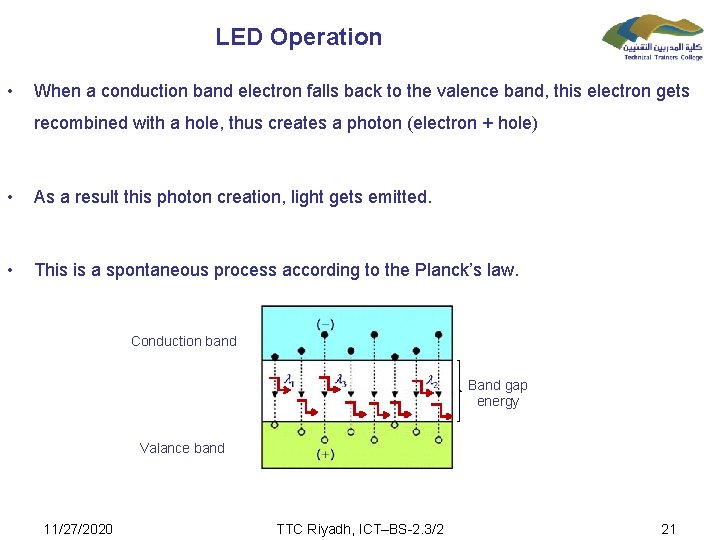 LED Operation • When a conduction band electron falls back to the valence band,