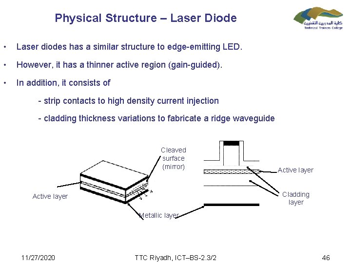 Physical Structure – Laser Diode • Laser diodes has a similar structure to edge-emitting