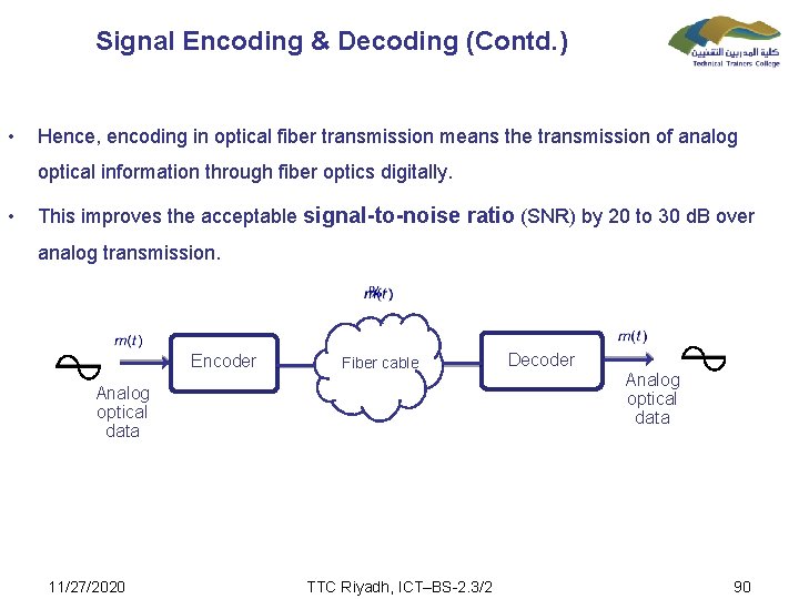 Signal Encoding & Decoding (Contd. ) • Hence, encoding in optical fiber transmission means