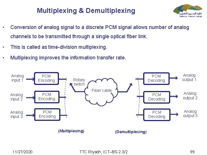 Multiplexing & Demultiplexing • Conversion of analog signal to a discrete PCM signal allows