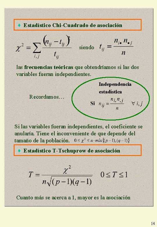 ♦ Estadístico Chi-Cuadrado de asociación siendo las frecuencias teóricas que obtendríamos si las dos