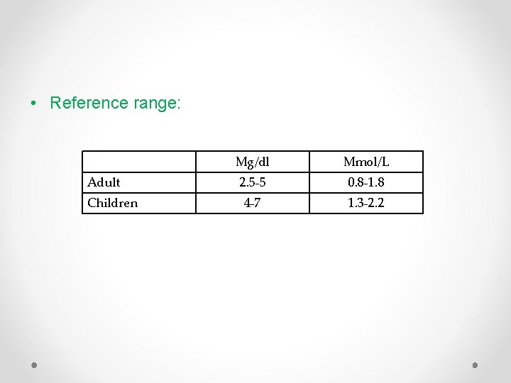  • Reference range: Adult Children Mg/dl Mmol/L 2. 5 -5 0. 8 -1.