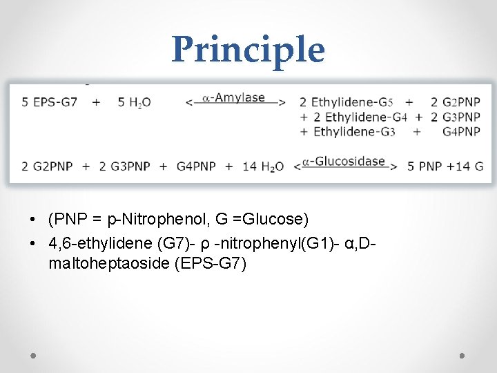 Principle • (PNP = p-Nitrophenol, G =Glucose) • 4, 6 -ethylidene (G 7)- ρ