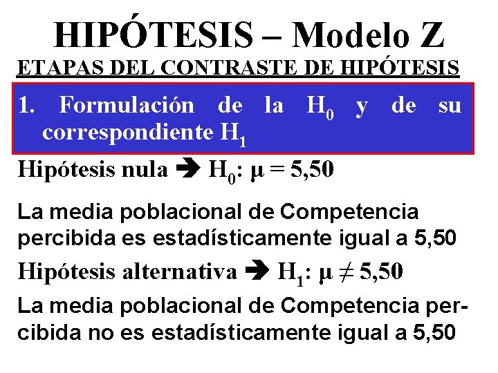 HIPÓTESIS – Modelo Z ETAPAS DEL CONTRASTE DE HIPÓTESIS 1. Formulación de la H HIPÓTESIS – Modelo Z ETAPAS DEL CONTRASTE DE HIPÓTESIS 1. Formulación de la H