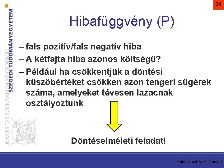 24 Hibafüggvény (P) – fals pozitív/fals negatív hiba – A kétfajta hiba azonos költségű?