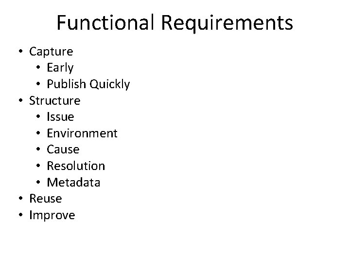 Functional Requirements • Capture • Early • Publish Quickly • Structure • Issue •