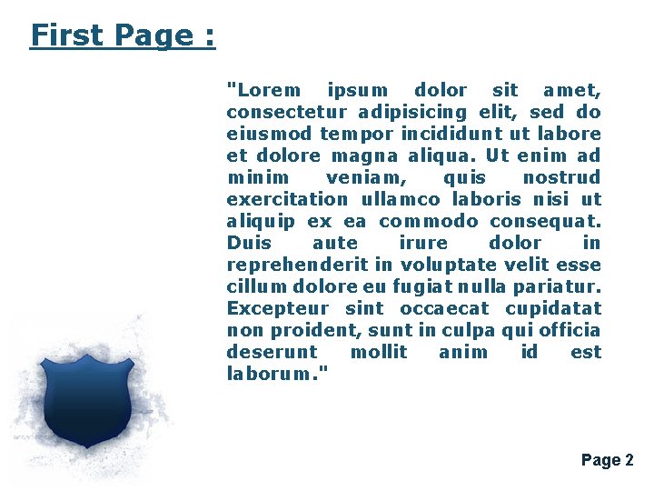 First Page : "Lorem ipsum dolor sit amet, consectetur adipisicing elit, sed do eiusmod