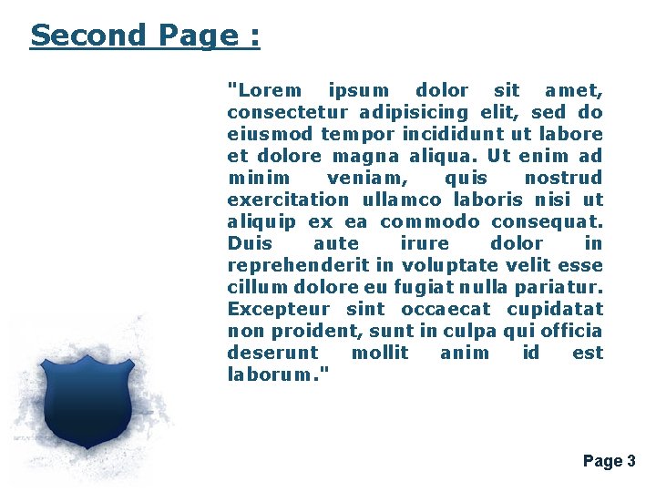 Second Page : "Lorem ipsum dolor sit amet, consectetur adipisicing elit, sed do eiusmod