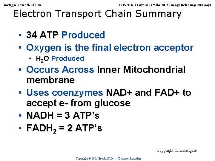 Biology, Seventh Edition CHAPTER 7 How Cells Make ATP: Energy-Releasing Pathways Electron Transport Chain