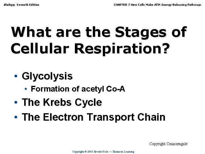 Biology, Seventh Edition CHAPTER 7 How Cells Make ATP: Energy-Releasing Pathways What are the