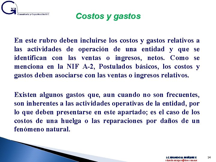 Costos y gastos En este rubro deben incluirse los costos y gastos relativos a