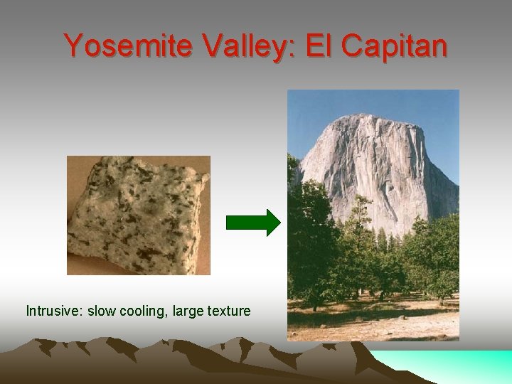 Yosemite Valley: El Capitan Intrusive: slow cooling, large texture 