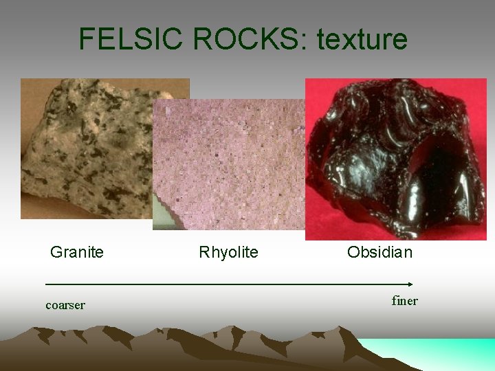 FELSIC ROCKS: texture Intrusive Granite coarser Extrusive Rhyolite Muy extrusive Obsidian finer 