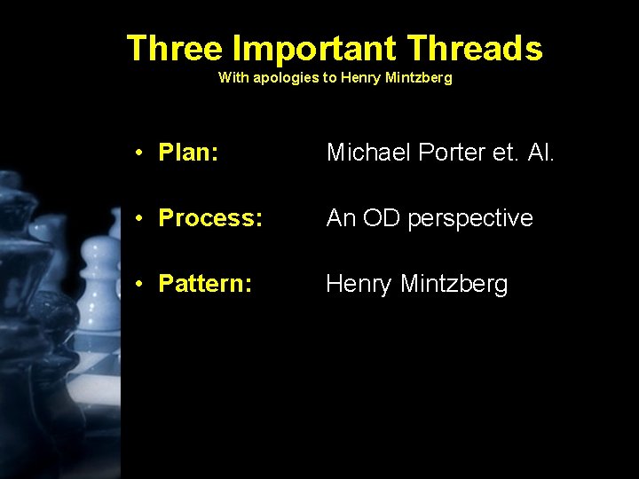 Three Important Threads With apologies to Henry Mintzberg • Plan: Michael Porter et. Al.