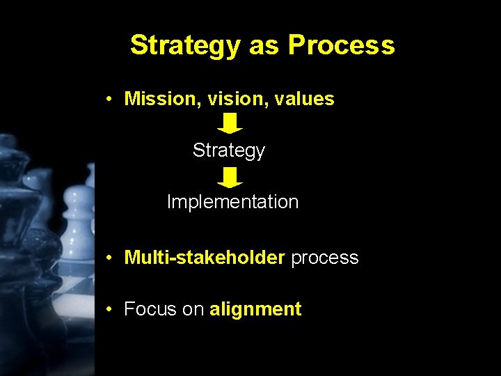 Strategy as Process • Mission, vision, values Strategy Implementation • Multi-stakeholder process • Focus