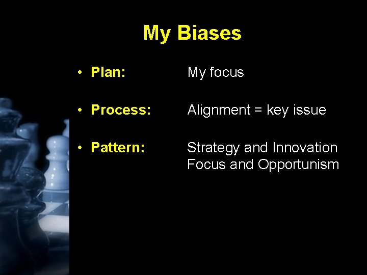 My Biases • Plan: My focus • Process: Alignment = key issue • Pattern: