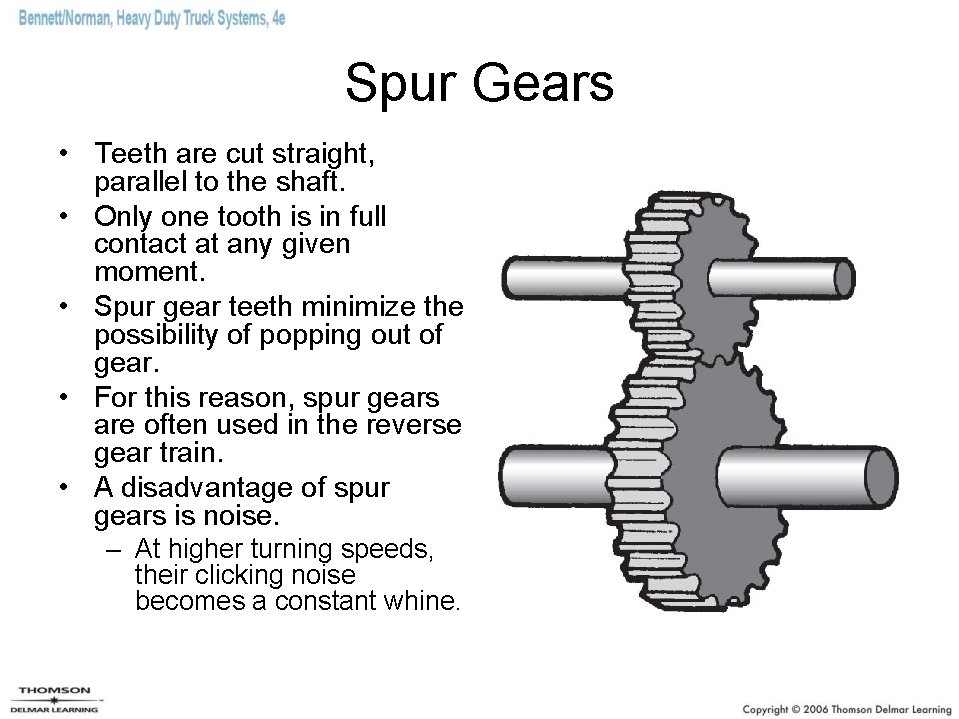 Spur Gears • Teeth are cut straight, parallel to the shaft. • Only one