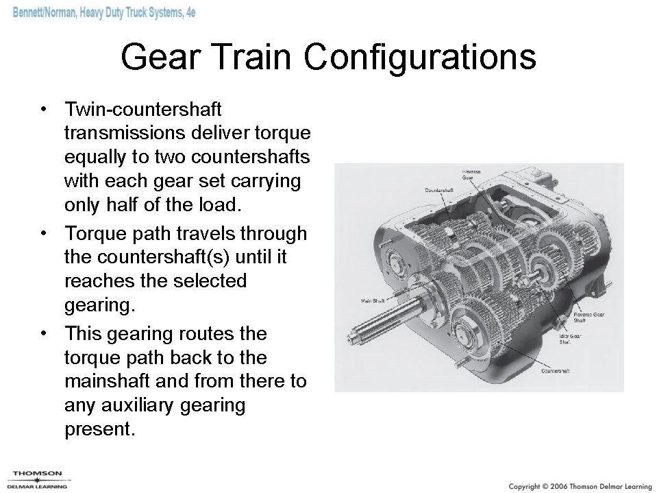 Gear Train Configurations • Twin-countershaft transmissions deliver torque equally to two countershafts with each