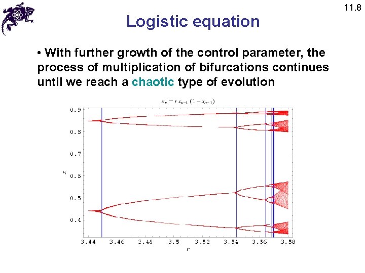 Logistic equation • With further growth of the control parameter, the process of multiplication