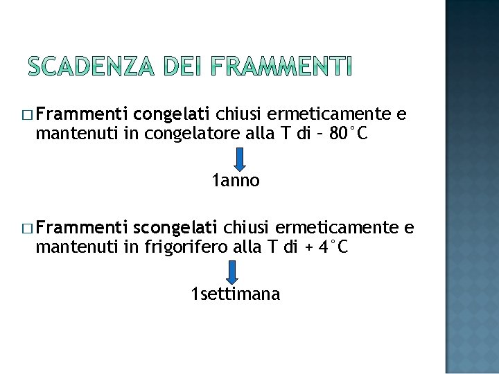 � Frammenti congelati chiusi ermeticamente e mantenuti in congelatore alla T di – 80°C