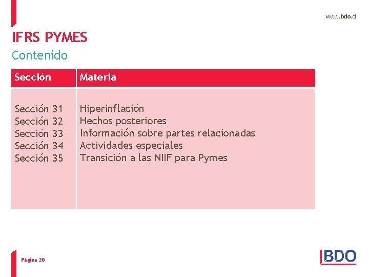 www. bdo. cl IFRS PYMES Contenido Sección Sección Página 20 Materia 31 32 33