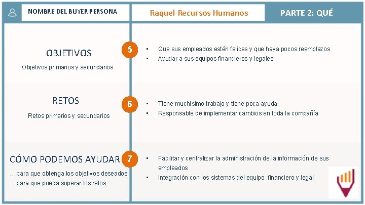 Raquel Recursos Humanos NOMBRE DEL BUYER PERSONA OBJETIVOS 5 PARTE 2: QUÉ • Que