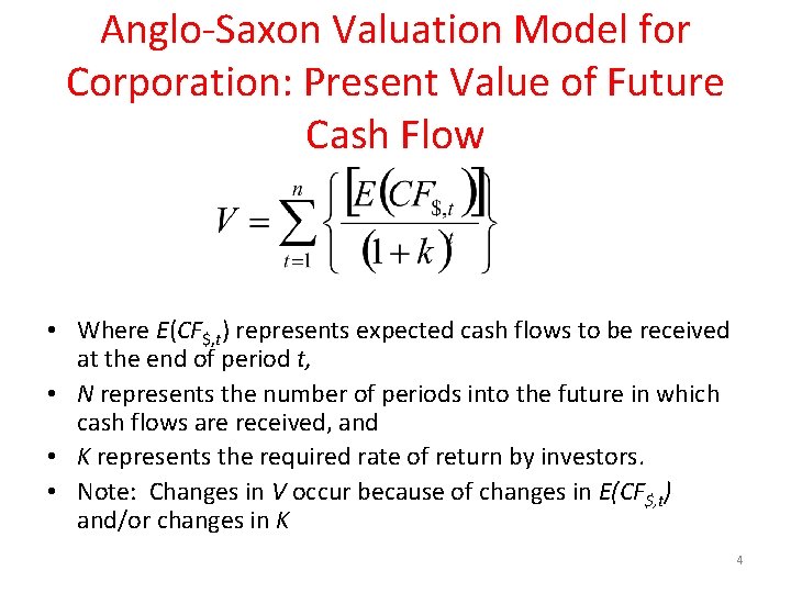 Anglo-Saxon Valuation Model for Corporation: Present Value of Future Cash Flow • Where E(CF$,