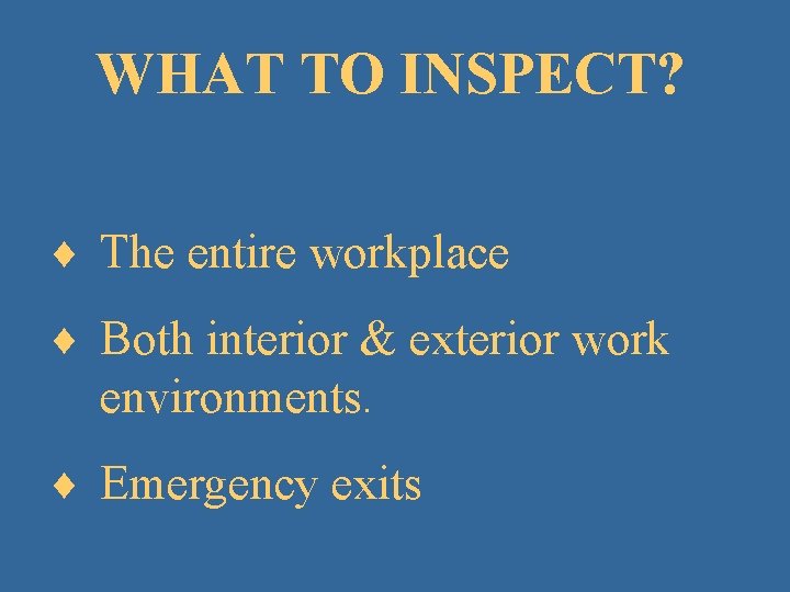 WHAT TO INSPECT? ¨ The entire workplace ¨ Both interior & exterior work environments.