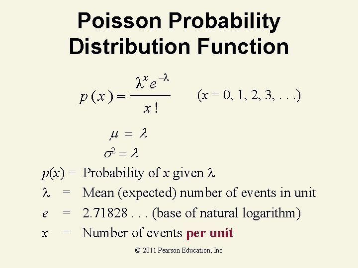 Poisson Probability Distribution Function x – p (x ) e x! (x = 0,