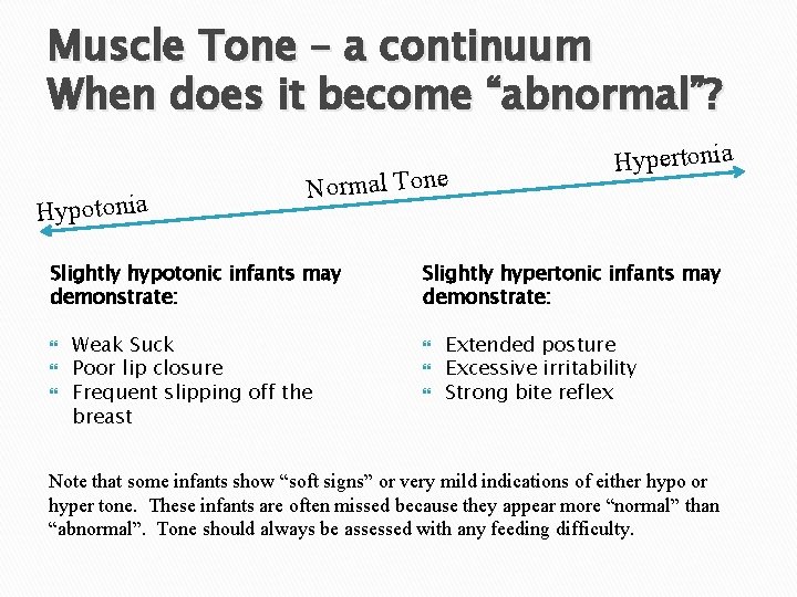 Muscle Tone – a continuum When does it become “abnormal”? Hypotonia Normal Tone Slightly