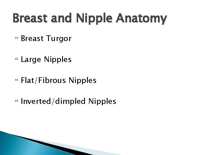 Breast and Nipple Anatomy Breast Turgor Large Nipples Flat/Fibrous Nipples Inverted/dimpled Nipples 