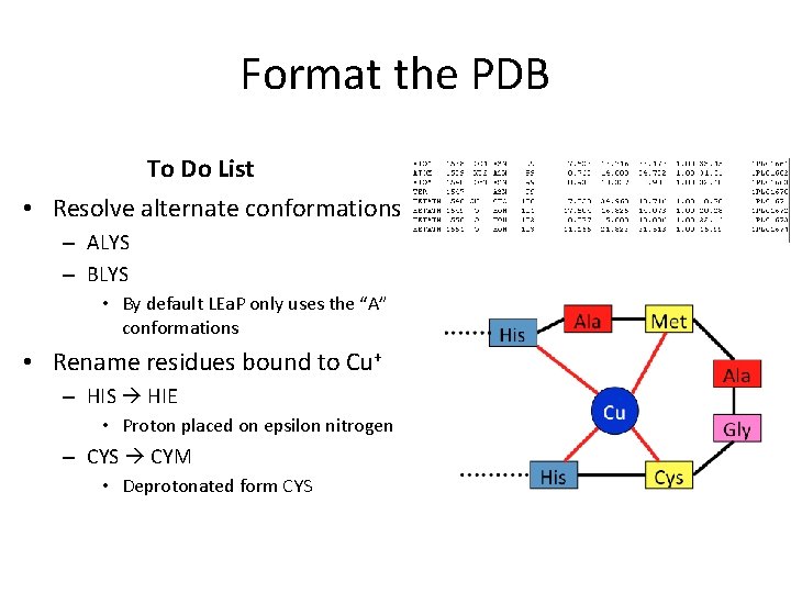 Format the PDB To Do List • Resolve alternate conformations – ALYS – BLYS