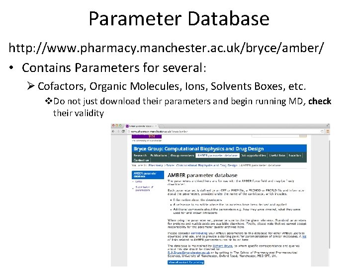 Parameter Database http: //www. pharmacy. manchester. ac. uk/bryce/amber/ • Contains Parameters for several: Ø