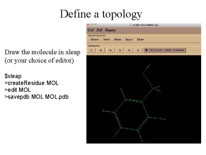 Define a topology Draw the molecule in xleap (or your choice of editor) $xleap