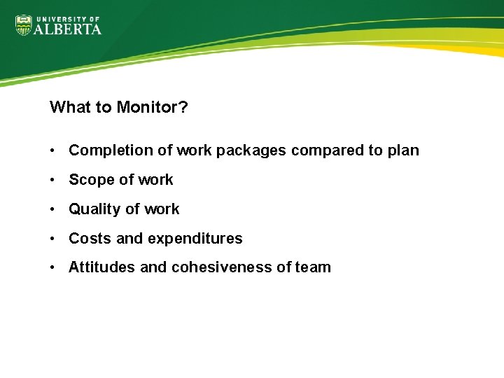 What to Monitor? • Completion of work packages compared to plan • Scope of